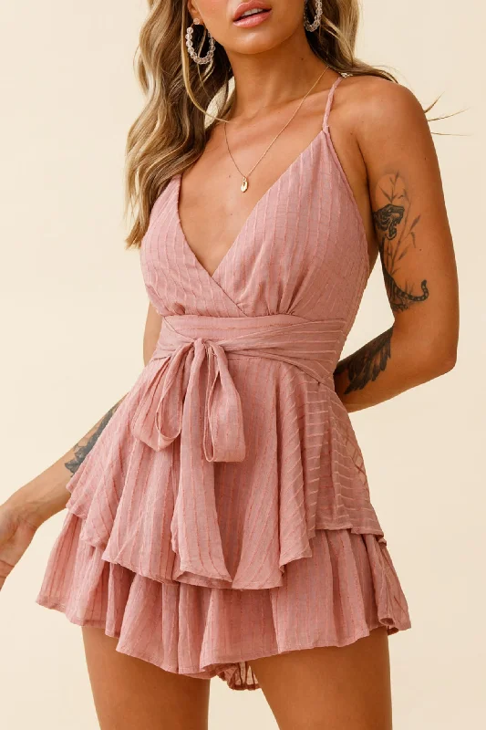 Timeless Elegant Maddox Fit & Flare Cami Strap Romper Textured Stripe Rose