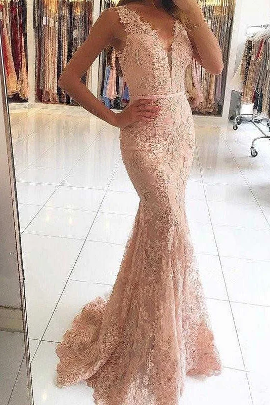 Style Upgrade Pink Sleeveless Lace Formal Dresses Mermaid Sheer Back Lace Prom Gown N2029