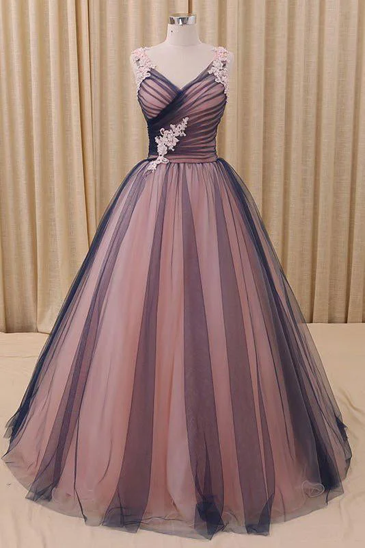 Premium Style Ball Gown V Neck Dark Blue Tulle Prom Dress with Applique Puffy Long Quinceanera Dress N1438