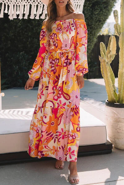 Limited-Time Offer Printed Off-Shoulder Balloon Sleeve Maxi Dress