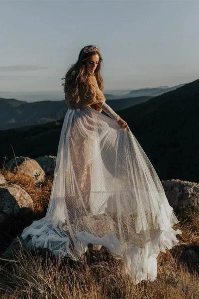 Trend Alert Polka Dot Long Sleeve Boho Wedding Dresses Lace Bohemian Backless Wedding Gowns