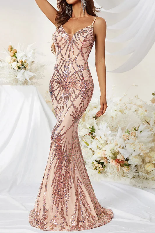 Elegant Contour Sequined Luxe V Neck Fishtail Maxi Dress