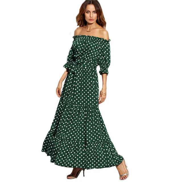 Casual Chic Polka Dot Bardot Neckline Tie Waist Dress Off the Shoulder Three Quarter Length Sleeve A Line Belted Maxi Dress