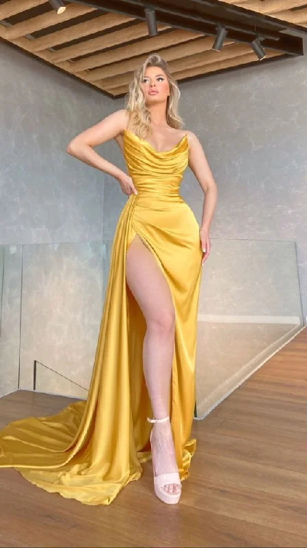 Elegant Details Charming Yellow Long Evening Dress Sleeveless Formal Prom Dress       S3802