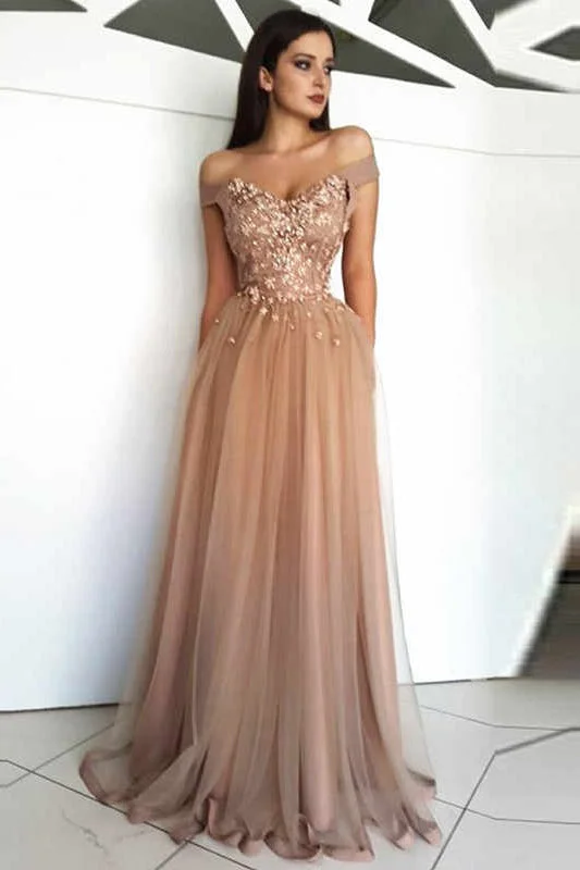 Enjoy Discount Off the Shoulder Tulle Evening Dresses with Appliques Elegant Prom Gown N2273