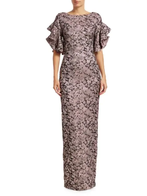 Fashionista Favorites Theia dusty rose brocade ruffle gown