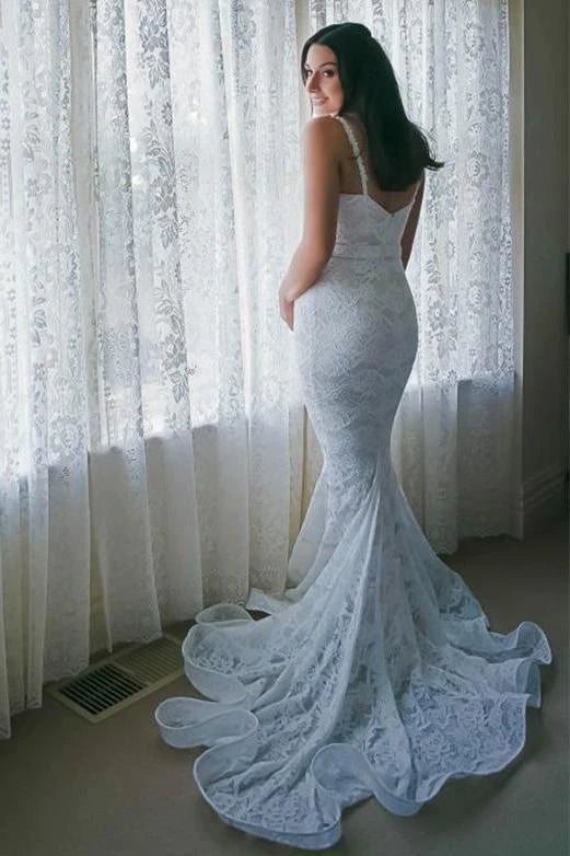 Limited Time Offers Mermaid Spaghetti Straps Ivory Sweetheart Wedding Dress Lace Bridal Gowns