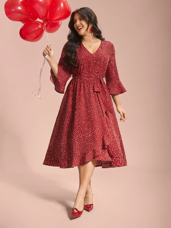 Casual Chic Polka Dots Waist-Tie Ruffled Midi Dress