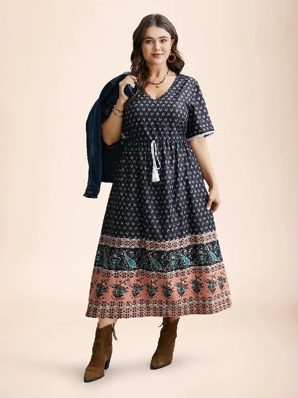 Spring Fashion Boho Print Tassel-Tie Pockets Midi Dress