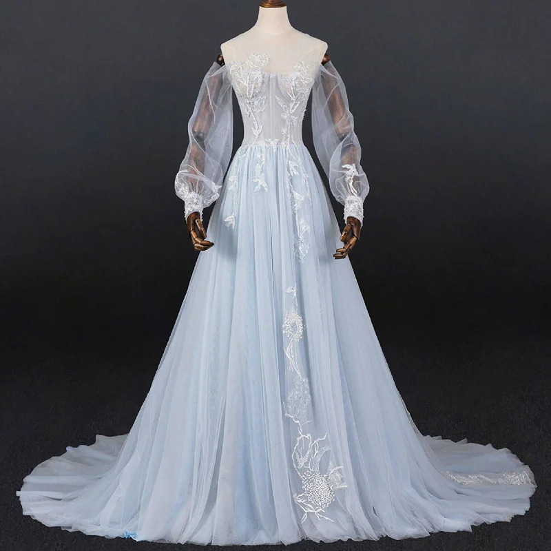 Fashion Essentials Dreamy Light Blue Wedding Dress with Long and Off the Sleeve