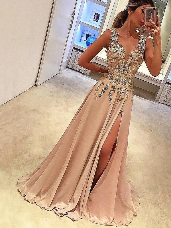 Hurry Before It's Gone A-Line/Princess V-neck Sleeveless Floor-Length Applique Silk like Satin Dresses