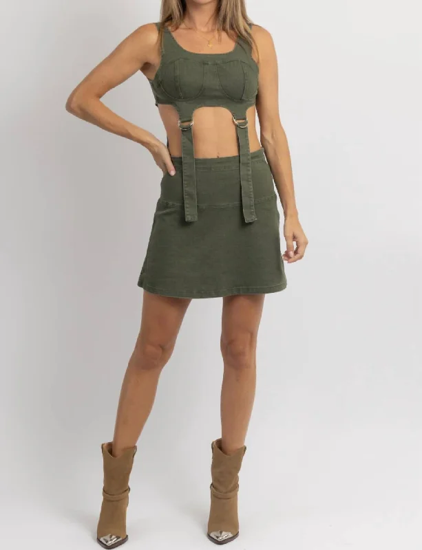 Seasonal Trends Front Buckle Denim Mini Dress In Rebel Olive