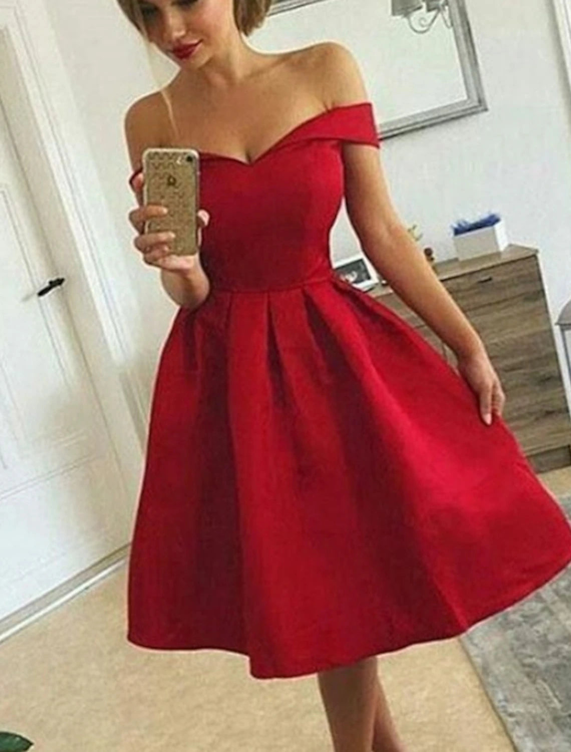 Style Your Wardrobe A-Line Vintage Sexy Homecoming Cocktail Party Dress Off Shoulder Sleeveless Knee Length Satin with Sleek