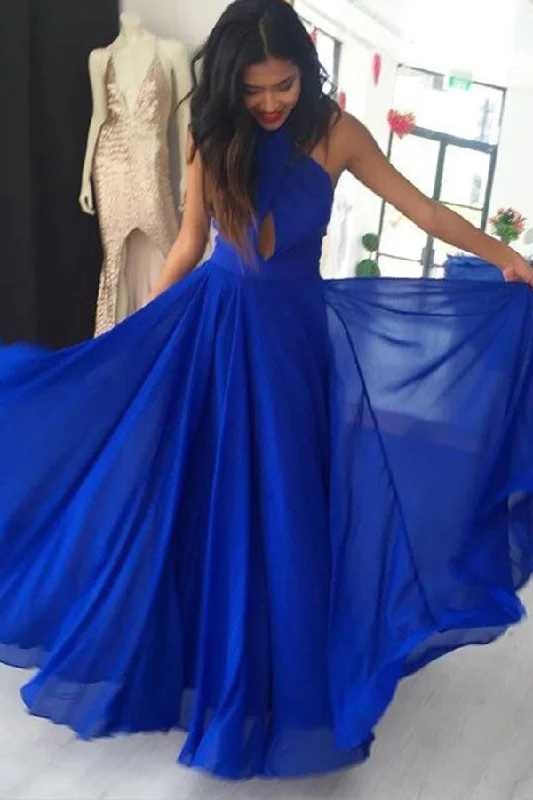 Elegant Ensemble A Line Prom Gown Halter Royal Blue Chiffon Evening Dresses with Keyhole N1250