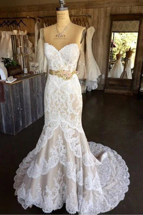 Fashion Essentials Princess Mermaid Strapless Sweetheart Lace Appliques with Flowers Wedding Dresses