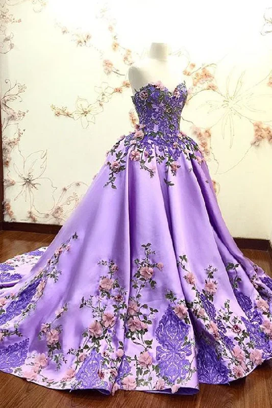 Minimalist Chic Lilac Ball Gown Sweetheart Lace Appliques Gorgeous Prom Dresses