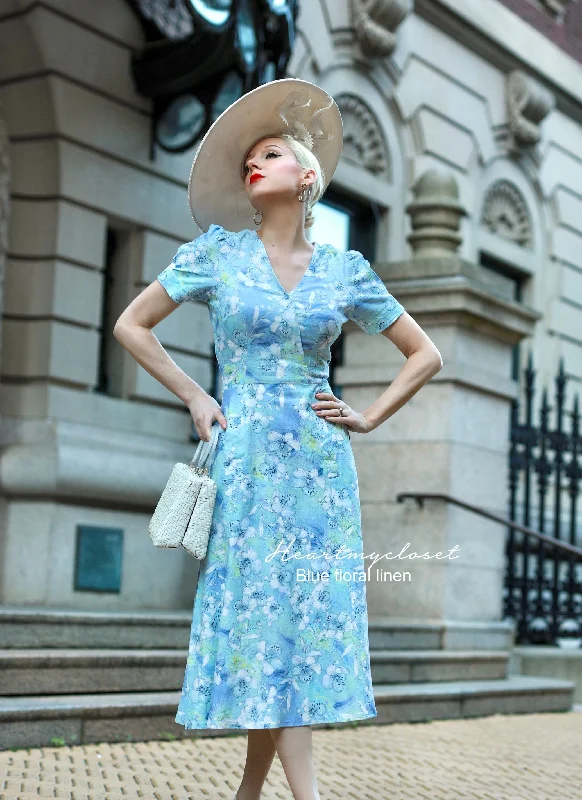 Elegant Style Blue floral linen casual Aline dress