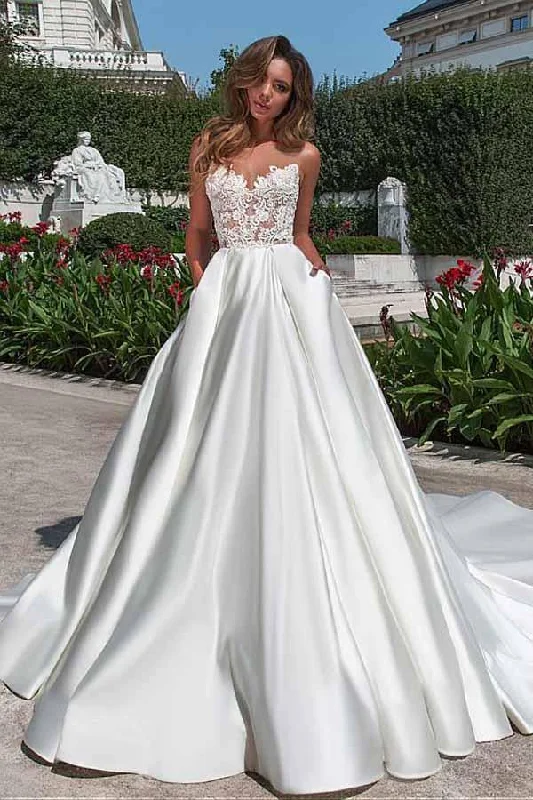 Trending Items Satin Neckline A-line Open Back Lace Wedding Dress With Pockets Lace Appliques