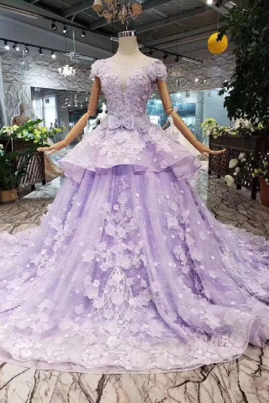 Fashionista Favorites Gorgeous Lilac Ball Gown Short Sleeve Prom Dresses with Long Train