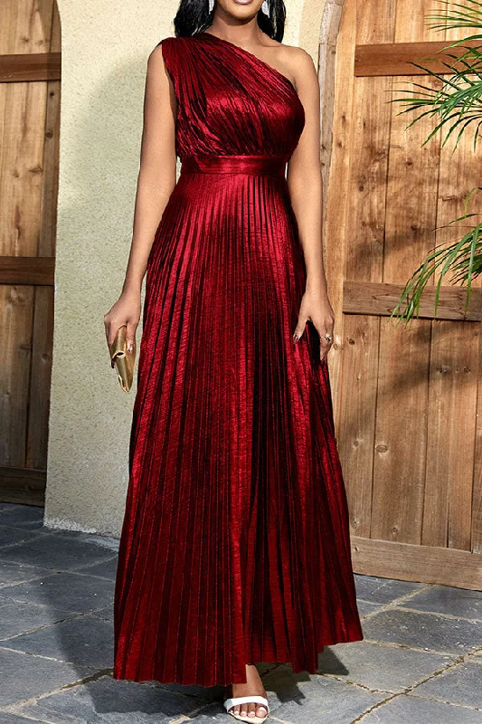 Elegant Styles Metallic Romantic One Shoulder Pleated Maxi Dress