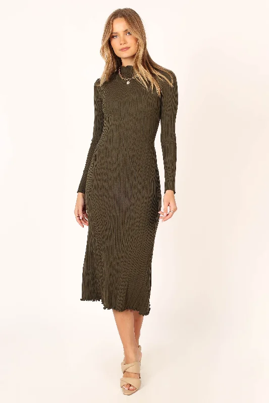 Comfort Centric Apparel Theo Long Sleeve Midi Dress - Khaki