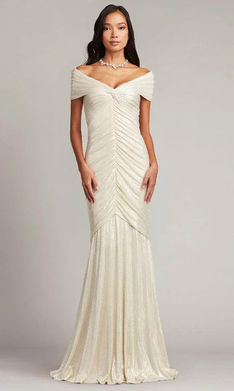 Exclusive Sale Tadashi Shoji BSJ24023L - Piette Cap V-Neck Draped Metallic Jersey Gown