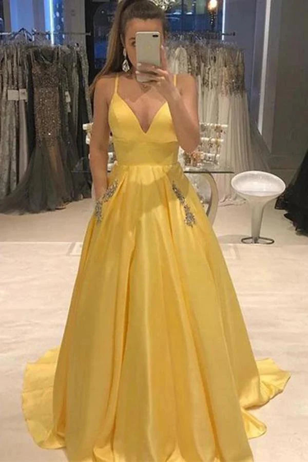 Last Chance Sale Elegant Yellow Spaghetti Straps A Line Satin V Neck Prom Dresses With Beads Pockets