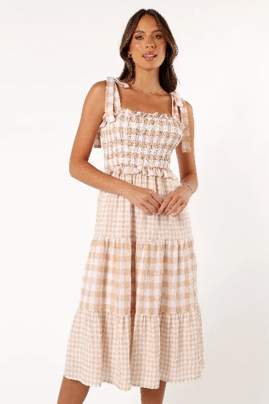 Trendy Threads Rach Midi Dress - Beige Check