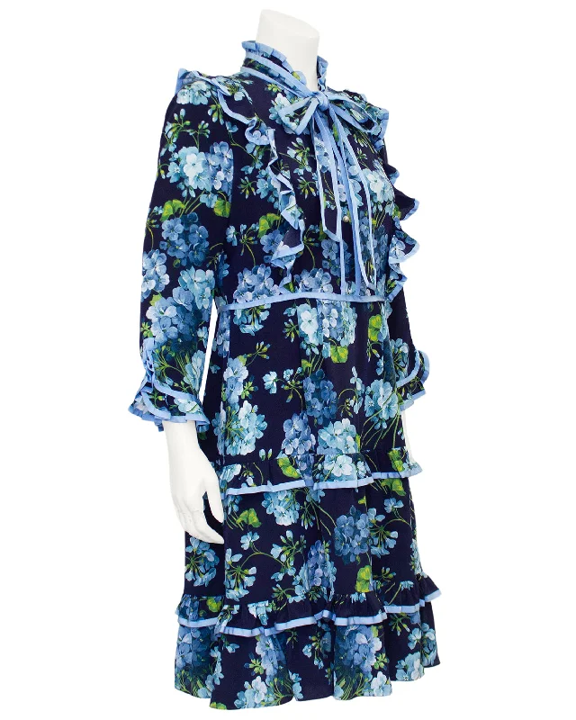 Feminine Elegant Blue Alessandro Michele Floral Silk Dress