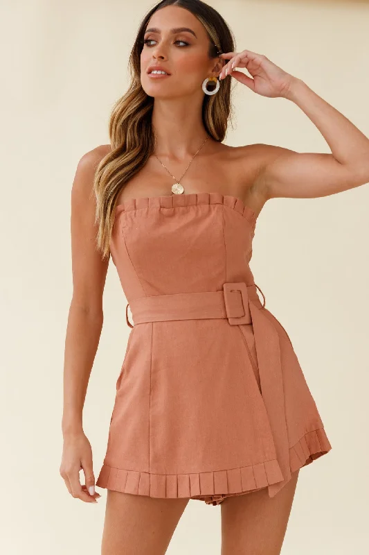 Statement Piece Elodie Pleat Trim Belted Skort Romper Tan