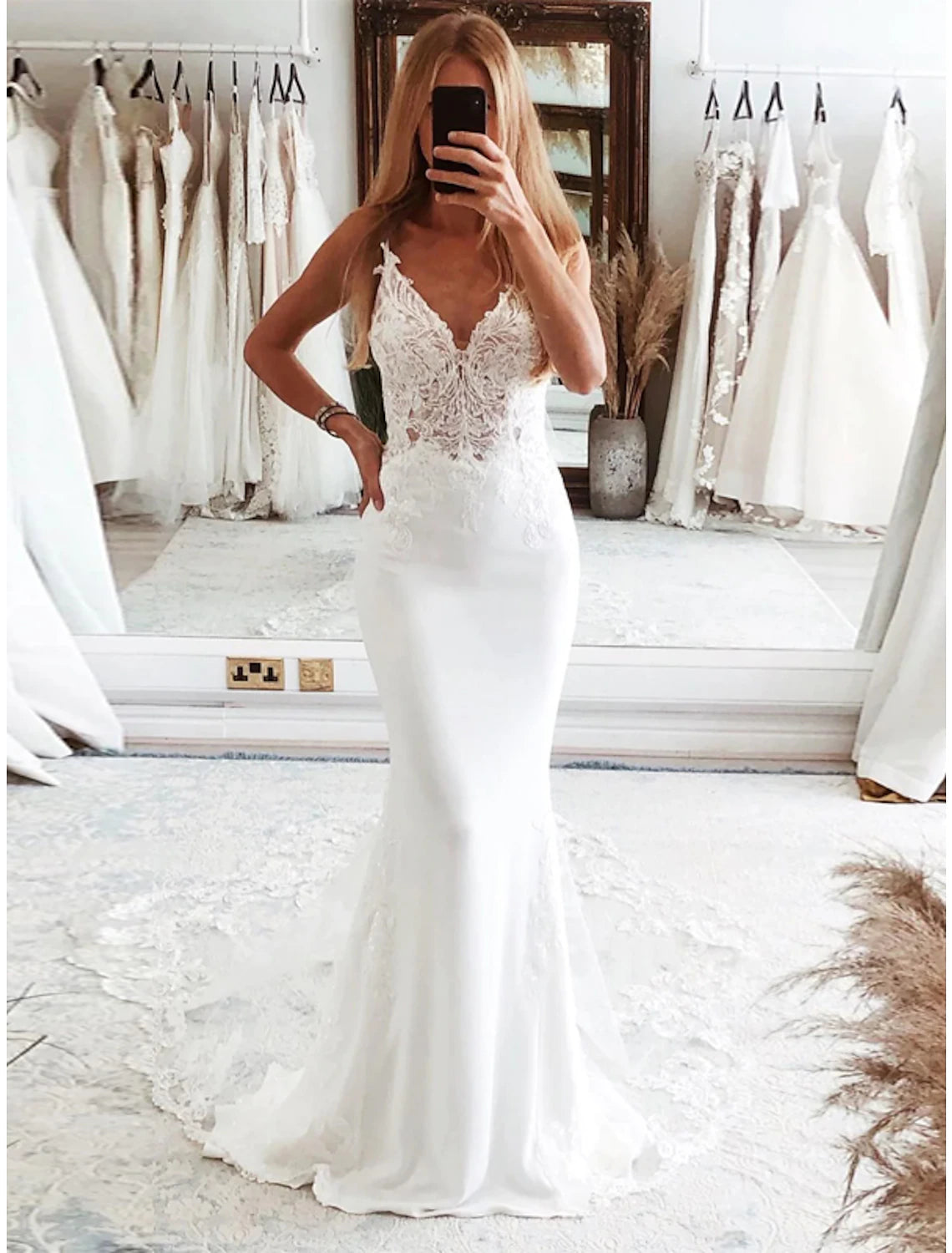 Seasonal Fashion Reception Formal Wedding Dresses Mermaid / Trumpet Camisole Sleeveless Court Train Tulle Bridal Suits Bridal Gowns With Appliques Summer Wedding Party, Women's Clothing