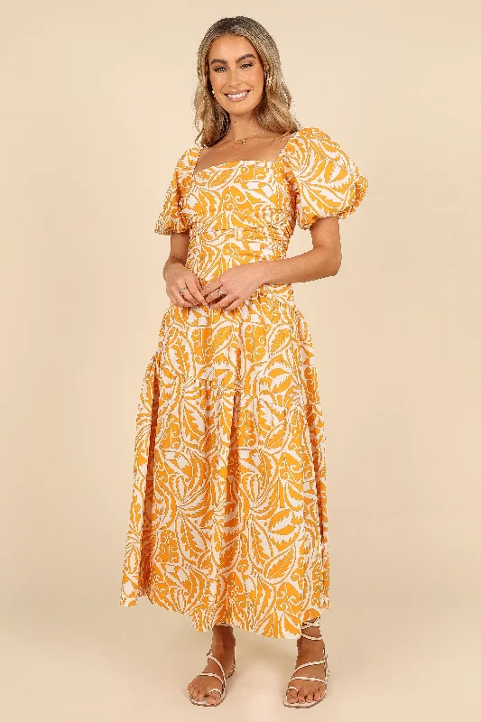 Special Offer Gaylia Puff Sleeve Midi Dress - White/Orange