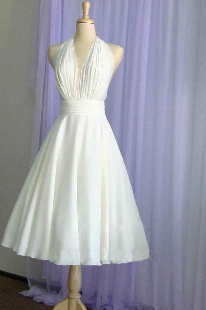 Seize Bargains Halter Tea Length A Line Backless Chiffon with Pleated Bodice Wedding Dresses