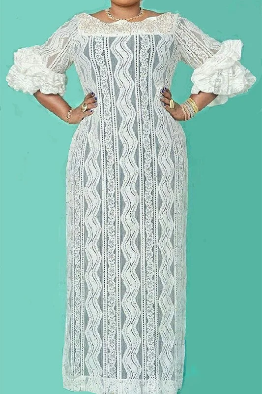 Day-To-Night Styles Patchwork Lace Stunning Trumpet Sleeve Maxi Dress