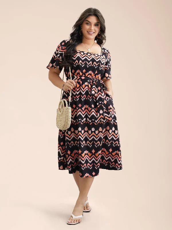 Budget-Friendly Fashion Abstract Print Flutter Sleeve Midi Dress