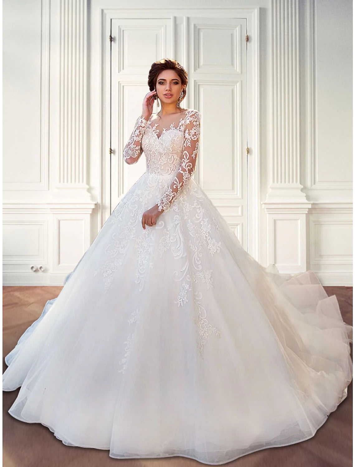 Casual Fashion Engagement Formal Fall Wedding Dresses Ball Gown Illusion Neck Long Sleeve Court Train Lace Bridal Gowns With Lace Appliques Summer Wedding Party 2023, Women‘s Clothing