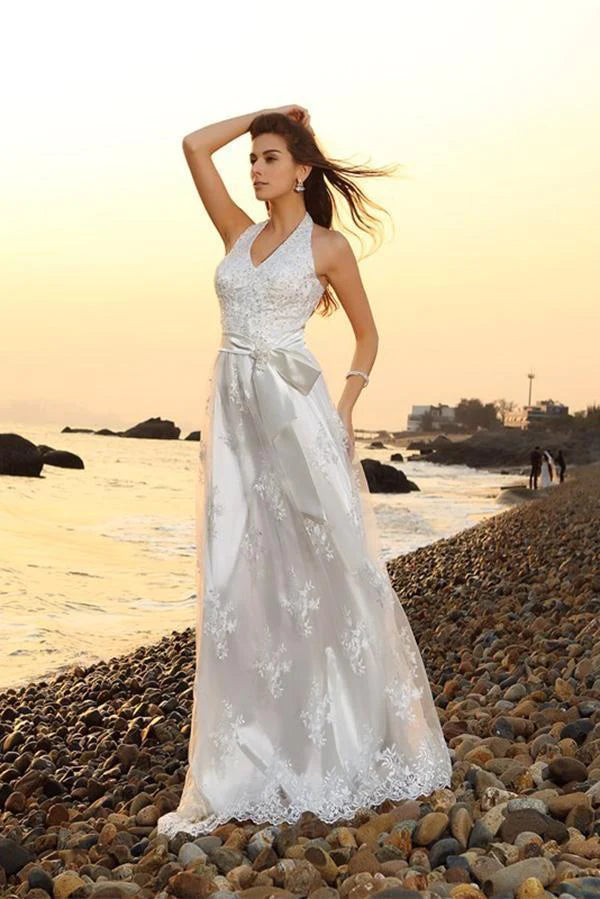 Casual Chic Princess A-Line Halter Belt Sleeveless Long Lace Sweetheart Beach Wedding Dresses