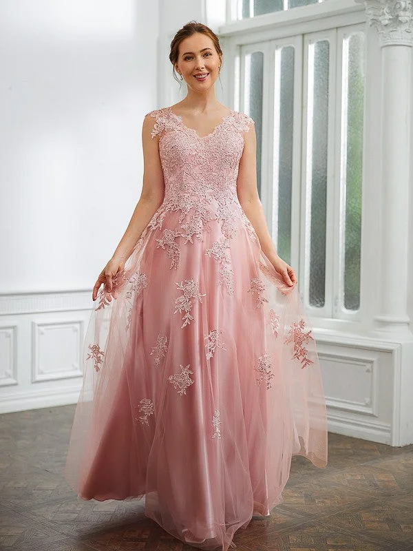 Limited Time Offer A-Line/Princess Tulle Applique V-neck Sleeveless Floor-Length Dresses