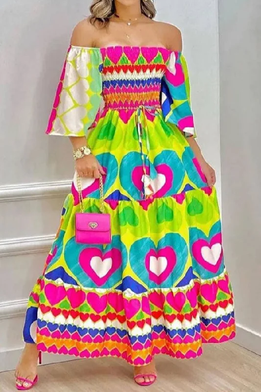 Chic Outfits Colorful Heart Print Off Shoulder Tiered Maxi Dress