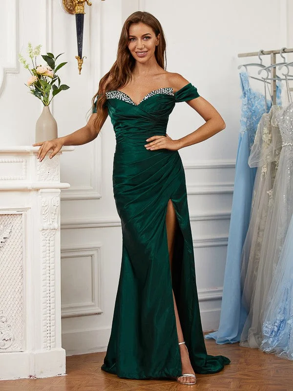 Stylish Savings Sheath/Column Silk like Satin Ruched Off-the-Shoulder Sleeveless Sweep/Brush Train Dresses