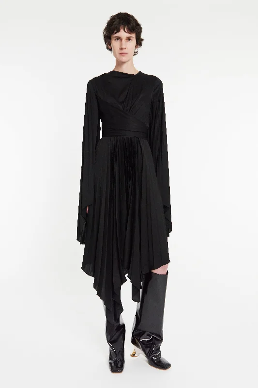 Boho - Chic Festival - Ready Style Wrap Around Midi Dress With Pleated Skirt & Sleeves Black