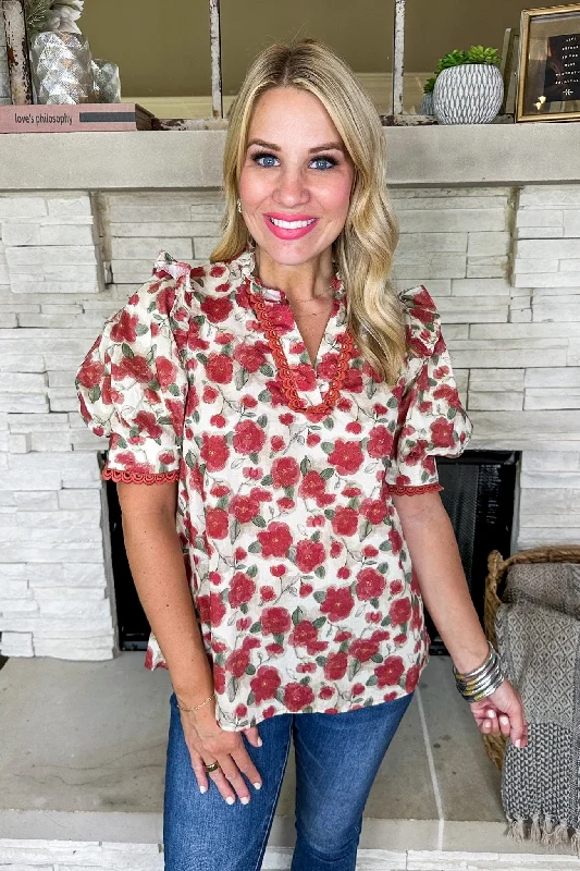 Flash Sale Now Berry Floral Eyelet Trim Ruffle Puff Sleeve Top