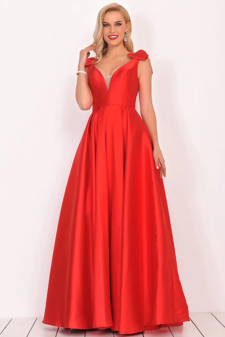 Father'S Day Deals V-Neck Bubble Shoulder A-Line Satin Evening Dress Floor-Length