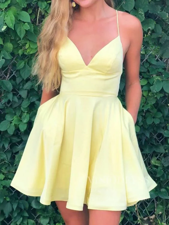 Minimalist Office - Ready Style Spaghetti Strap Yellow Satin Homecoming Dresses with Pockets      S3170