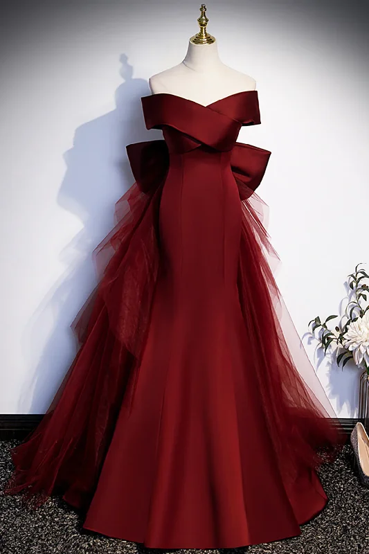 Inspired By You, Designed For You Burgundy V-Neck Satin Long Prom Dress, Mermaid Off Shoulder Evening Dress with Bow    S2575