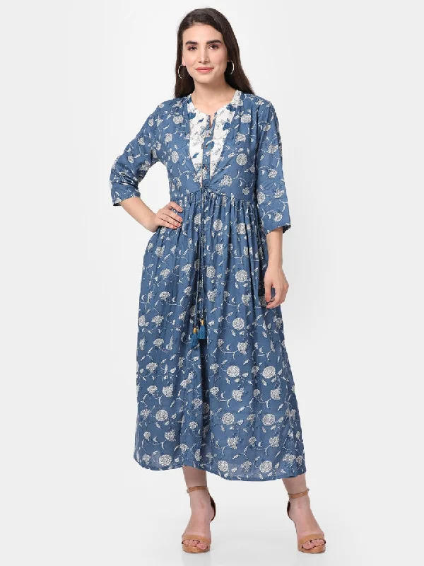 Latest Fashion Indigo Blue Floral Printed Dress