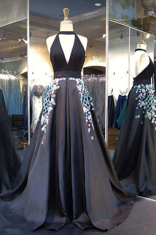 High-End Women’S Wear Black Halter Backless Evening Dress Deep V Neck Prom Gown with Appliques N1442