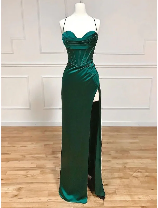 Find Your Unique Flair Sheath / Column Evening Gown Empire Dress Formal Floor Length Sleeveless Spaghetti Strap Satin Backless with Pleats Slit