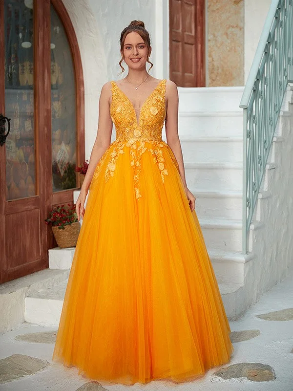 Spring Wardrobe A-Line/Princess Tulle Applique V-neck Sleeveless Floor-Length Dresses