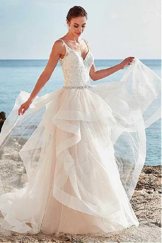 Special Offer Spaghetti Straps Neckline Backless V-Neck Tulle A-Line Wedding Dresses With Beaded